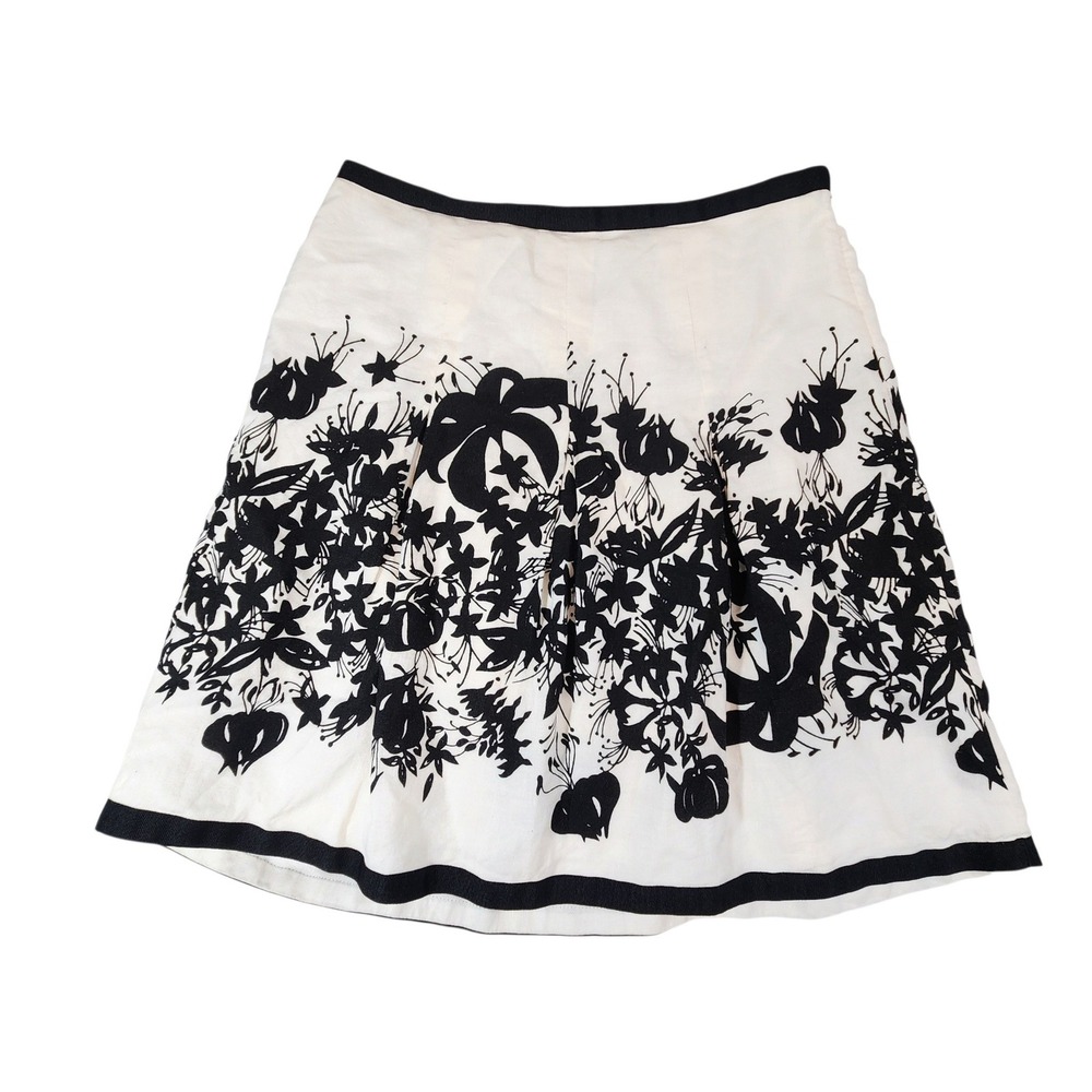 Ann Taylor LOFT Skirt Women 10P White Black Floral Linen A-Line Ribbon Trim